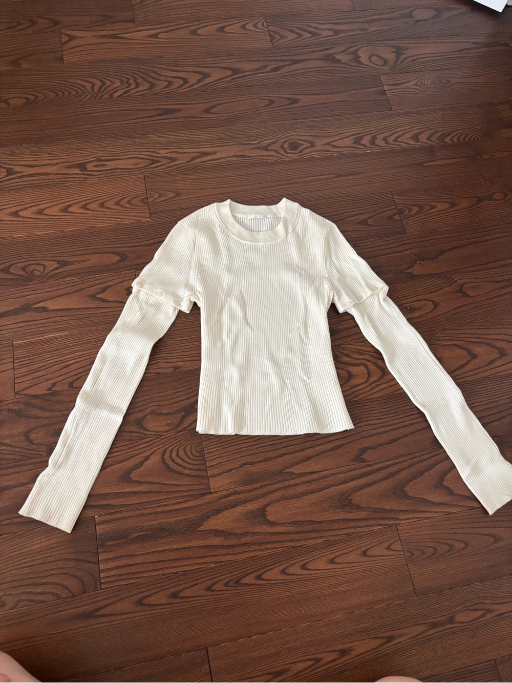 Women's Cream Ribbed Long-Sleeve Crewneck Top